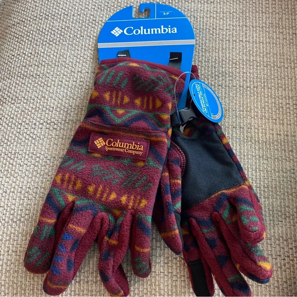 Columbia Burgundy Fleece Gloves with Multicolor Geometric Print XL